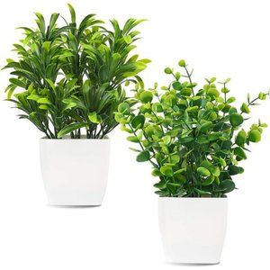 2pcs Small Fake Plants in White Planters Artificial Plants for Home Decor Indoor